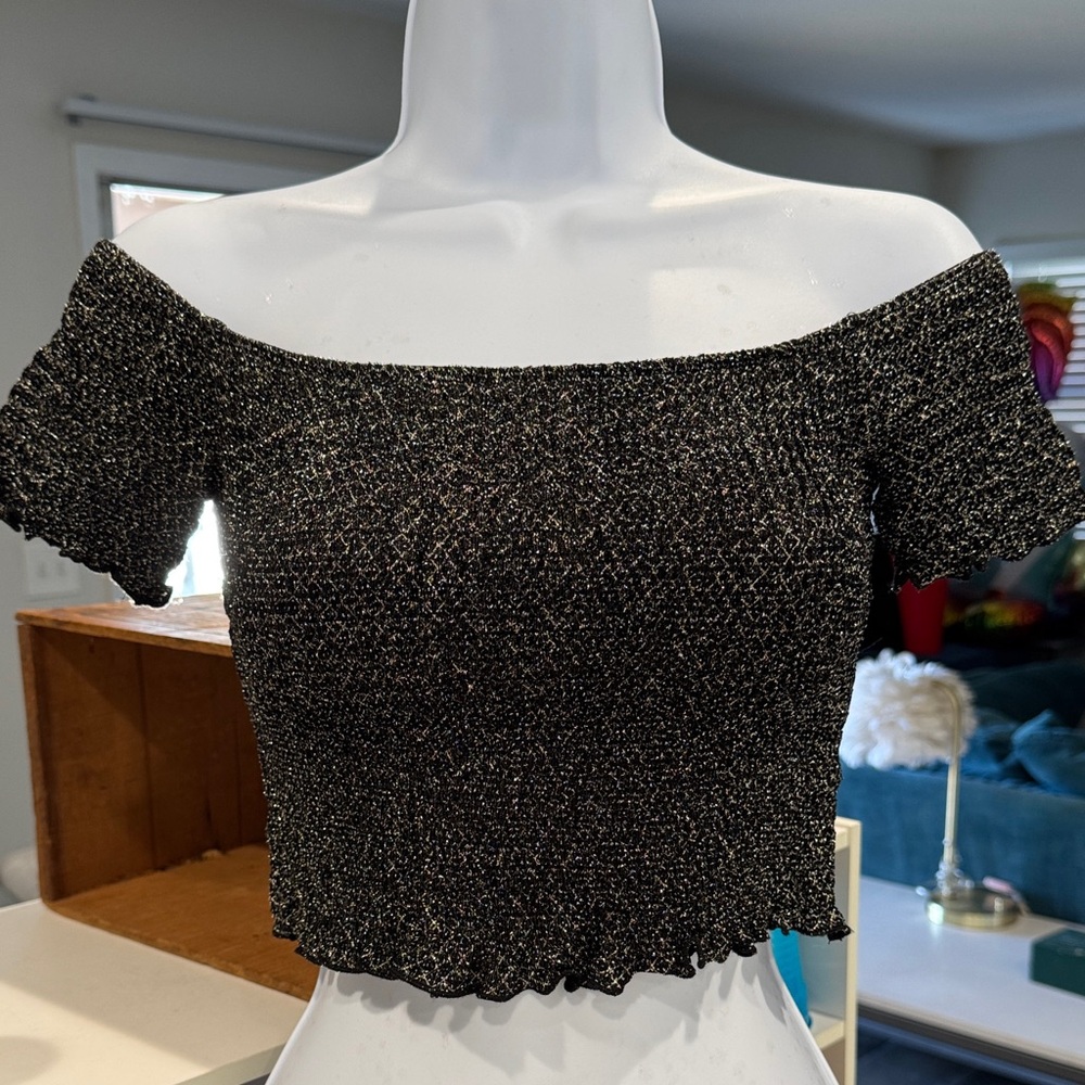 Topshop Glittery Black Off-Shoulder Crop Top